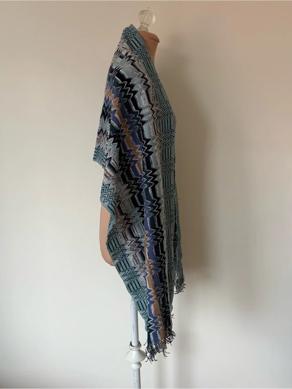 Missoni Wool ZigZag Patterned Blue Multi Fringe Edge Wrap Scarf NWOT 72.5”x16”